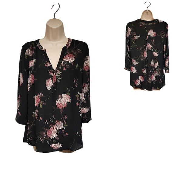 Maurices Floral 3/4 Sleeve Popover V Neck Sheer Chiffon Blouse Size Small - Picture 1 of 9